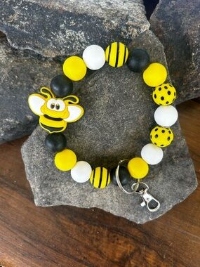 Bee Charm Stretch Bracelet Keyring - Yellow, Black & White